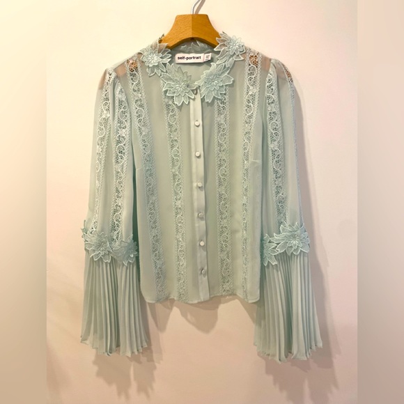 Self Portrait Blue Chiffon Lace Top - Picture 2 of 4